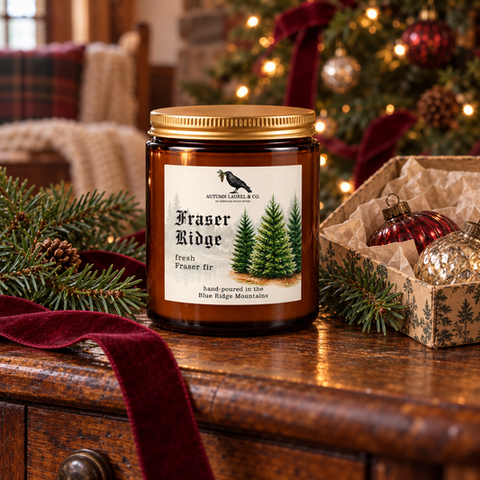 Fraser Ridge amber jar candle in a vintage Christmas setting