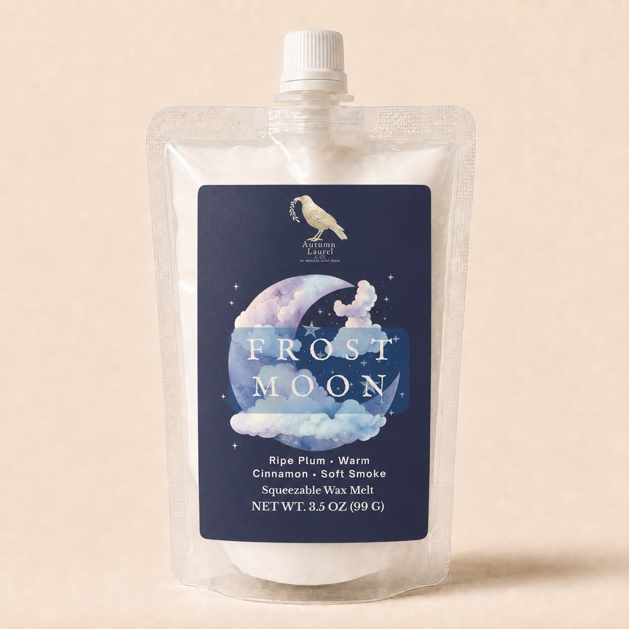Frost Moon ripe plum, warm cinnamon and soft smoke squeezable wax melt in a 3.5 oz pouch