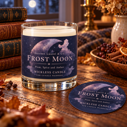 Frost Moon wickless candle with original navy crescent moon label in clear Libbey glass and matching paper dust cover