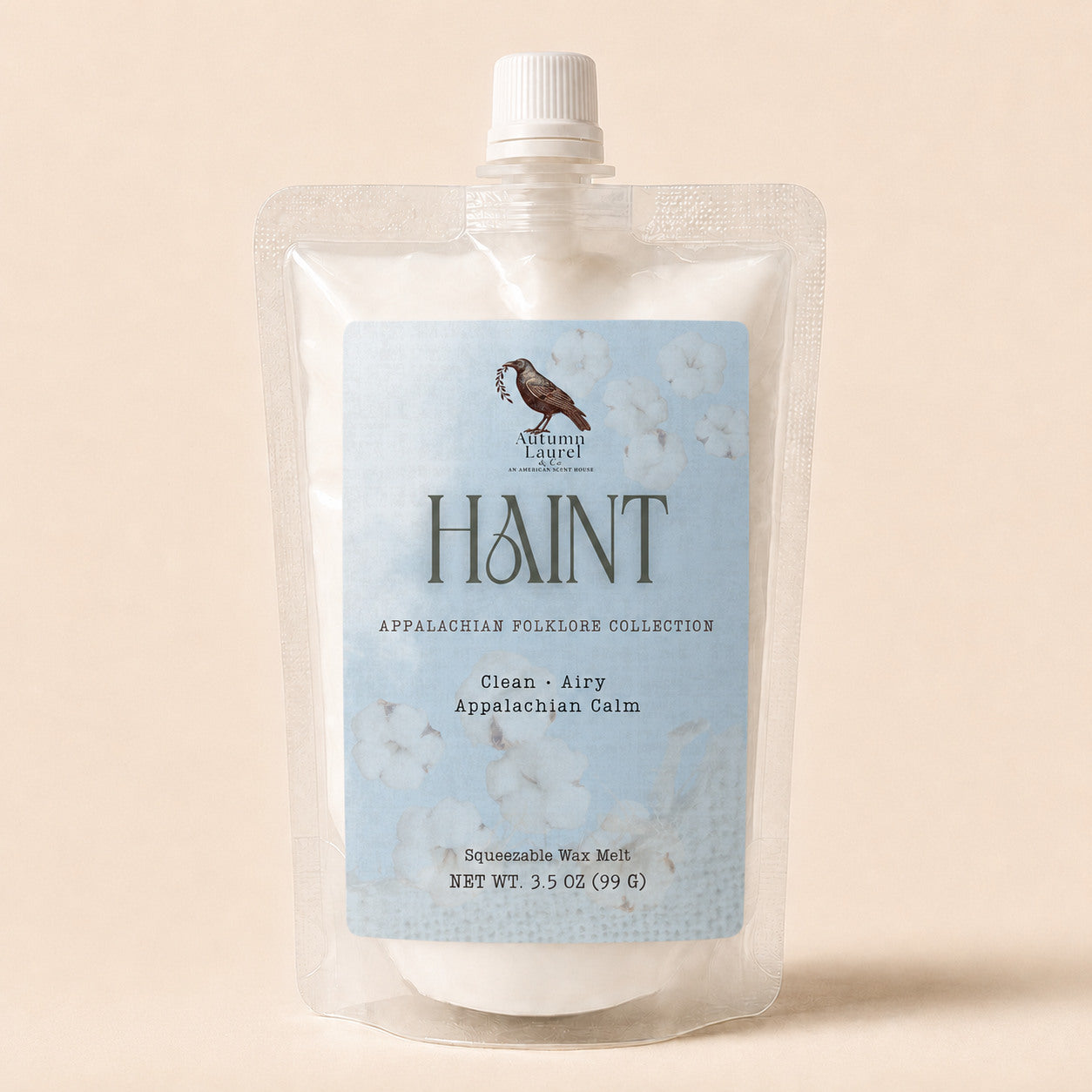 Haint clean cotton and airy linen squeezable wax melt in a 3.5 oz pouch