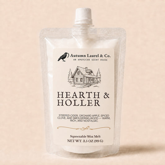 Hearth and Holler apple cider, spiced clove and smoldering wood squeezable wax melt in a 3.5 oz pouch