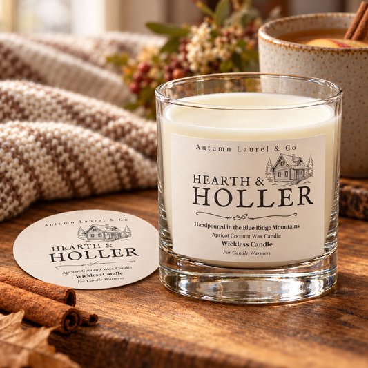 Hearth and Holler wickless candle in clear Libbey rocks glass with matching paper dust cover