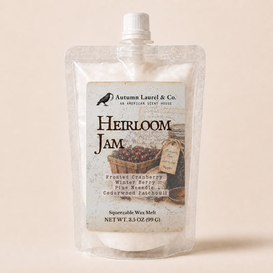 Heirloom Jam frosted cranberry, winter berry, pine and cedarwood squeezable wax melt in a 3.5 oz pouch