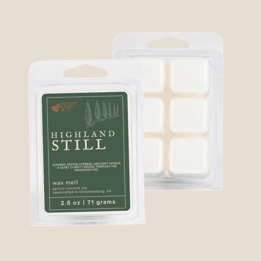 Highland Still wax melt clamshell by Autumn Laurel & Co., handcrafted in Virginia