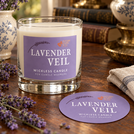 Lavender Veil wickless candle in clear Libbey rocks glass with matching paper dust cover