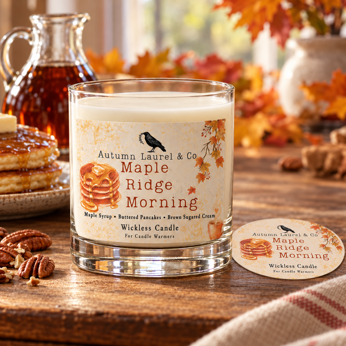 Maple Ridge Morning wickless candle in clear Libbey rocks glass with matching paper dust cover