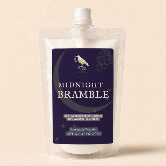 Midnight Bramble wild blueberry pie squeezable wax melt in a 3.5 oz pouch