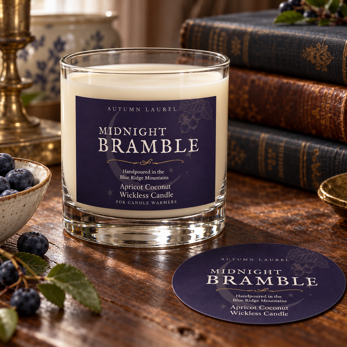 Midnight Bramble wickless candle in clear Libbey rocks glass with matching paper dust cover
