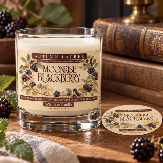 Moonrise Blackberry wickless candle in clear Libbey rocks glass with matching paper dust cover