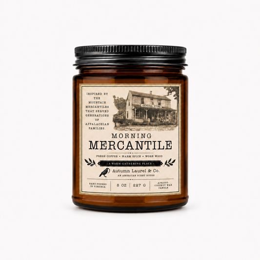 Morning Mercantile candle in amber jar by Autumn Laurel & Co.