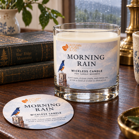 Morning Rain wickless candle in clear Libbey rocks glass with matching paper dust cover