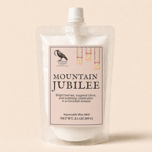 Mountain Jubilee bright berry and sugared citrus squeezable wax melt in a 3.5 oz pouch