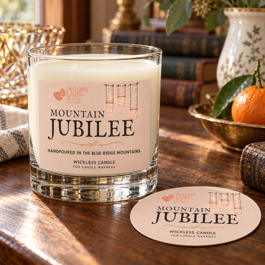 Mountain Jubilee wickless candle in clear Libbey rocks glass with matching paper dust cover