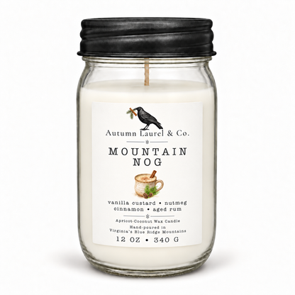Mountain Nog 12 oz mason jar candle with black farmhouse lid