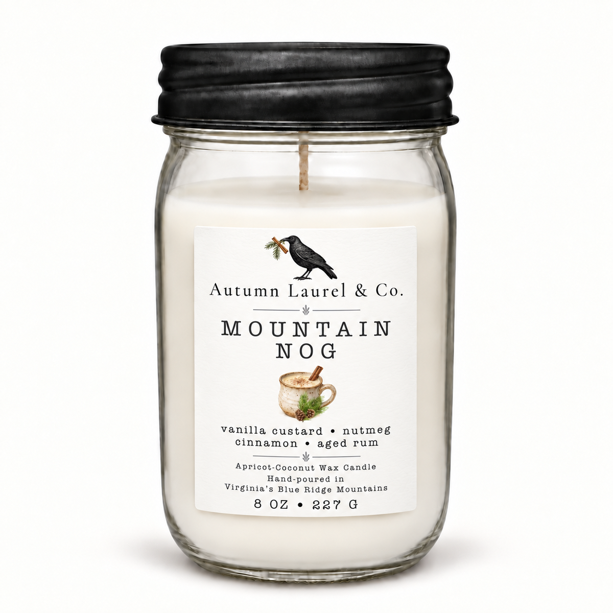 Mountain Nog 8 oz mason jar candle with black farmhouse lid