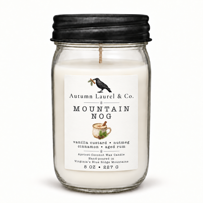 Mountain Nog 8 oz mason jar candle with black farmhouse lid