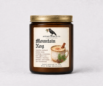 Mountain Nog amber jar candle with updated Old English Christmas label