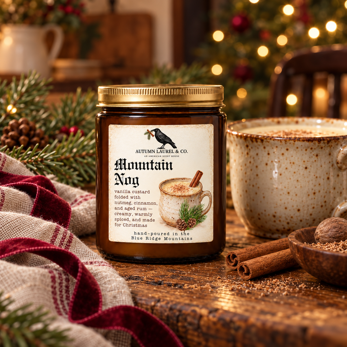 Mountain Nog Candle amber jar candle in a vintage Christmas setting