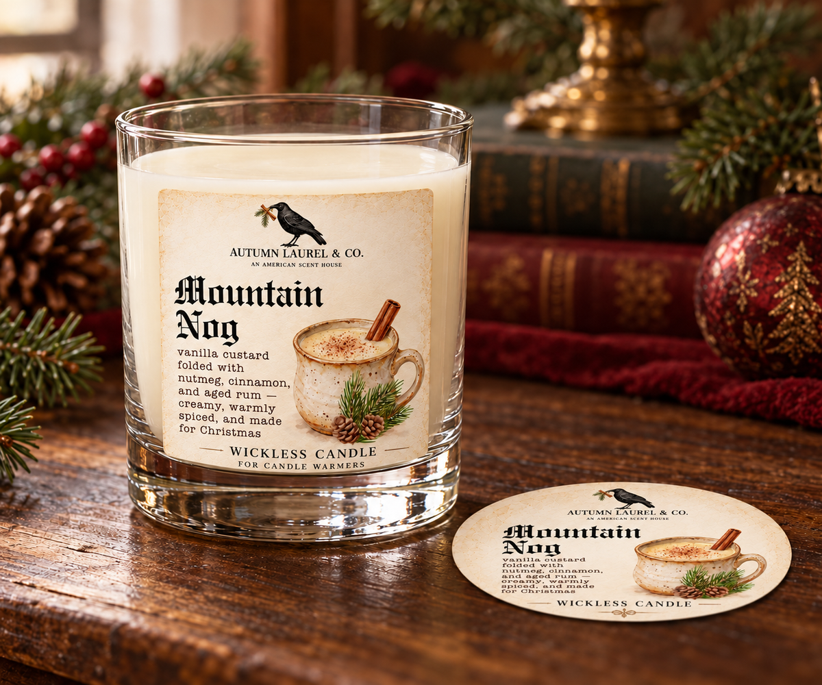 Mountain Nog wickless candle in clear Libbey rocks glass with matching paper dust cover