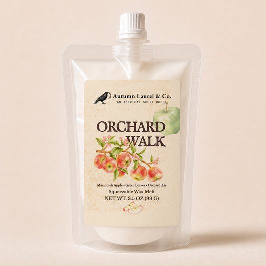 Orchard Walk Macintosh apple, green leaves and orchard air squeezable wax melt in a new 3.5 oz pouch