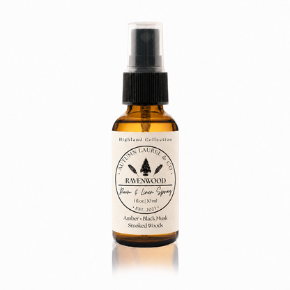 Ravenwood room and linen spray in a 1 ounce amber glass bottle with cream linen label