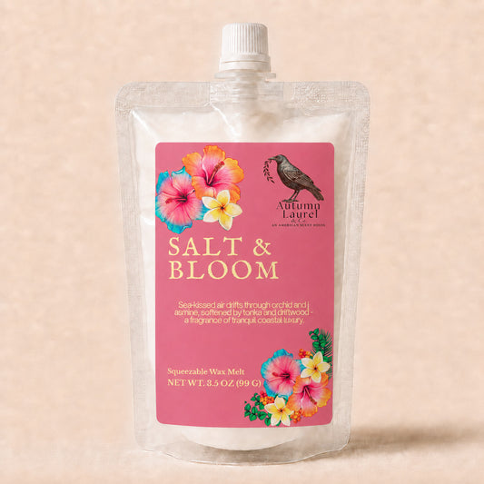 Salt and Bloom orchid, jasmine, tonka and driftwood squeezable wax melt in a 3.5 oz pouch