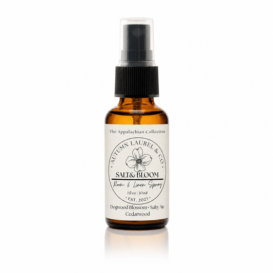 Salt & Bloom room and linen spray in a 1 ounce amber glass bottle with cream linen label