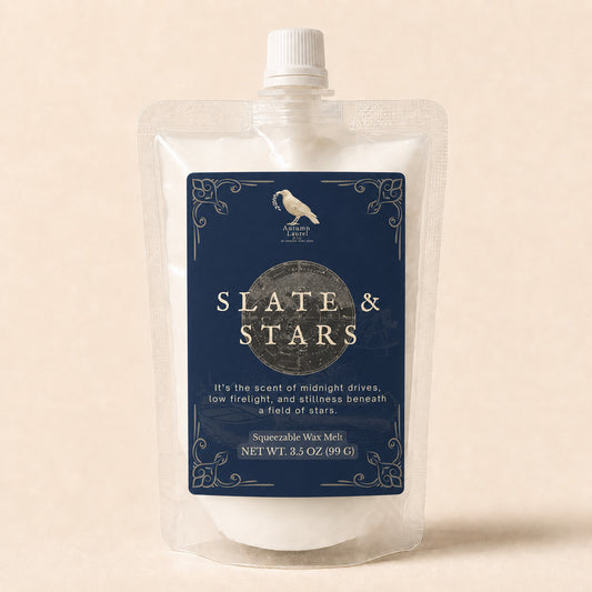 Slate and Stars atmospheric squeezable wax melt in a 3.5 oz pouch