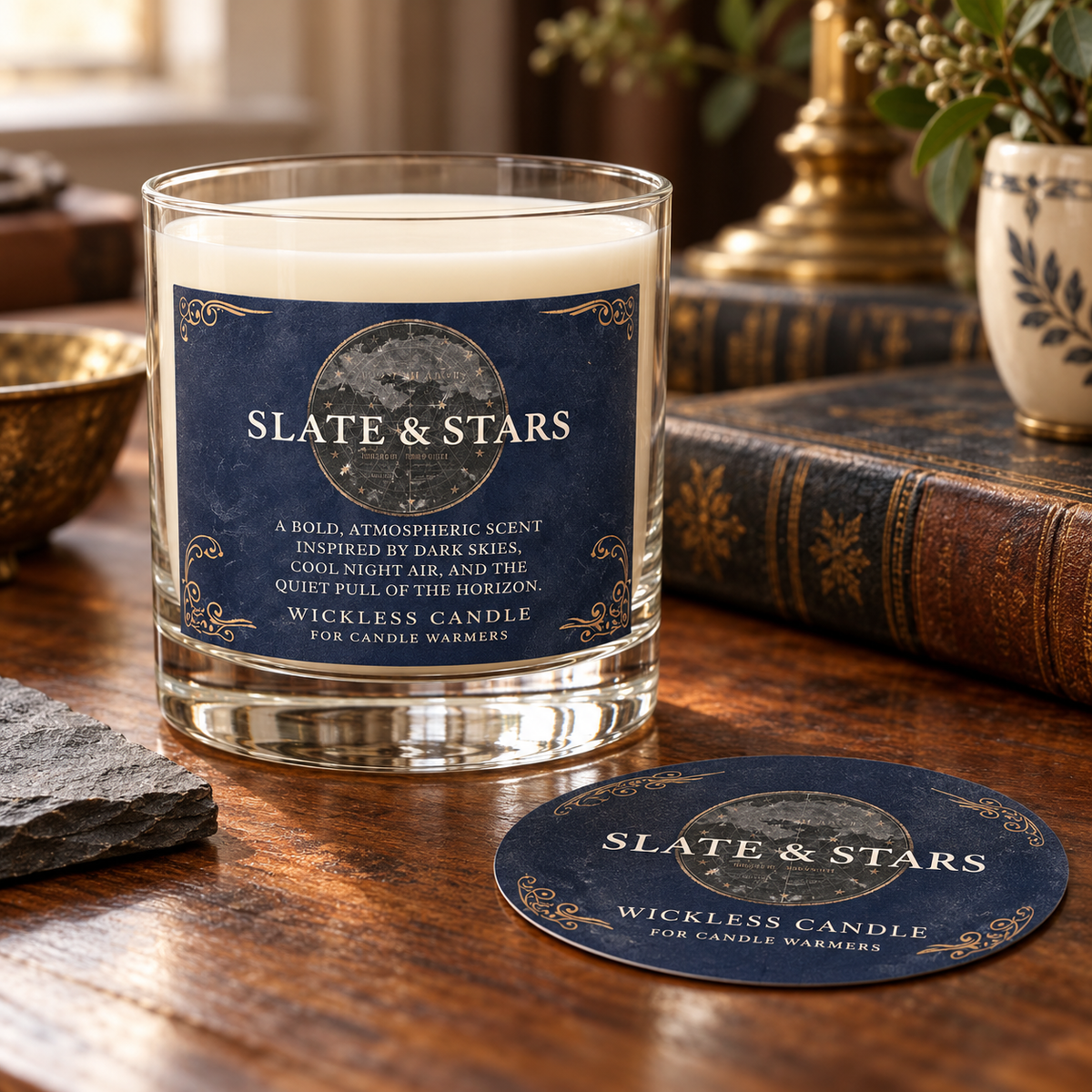 Slate & Stars wickless candle in clear Libbey rocks glass with matching paper dust cover