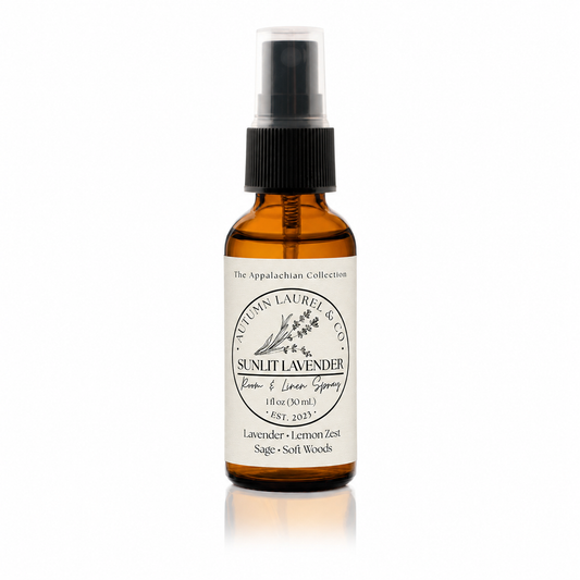 Sunlit Lavender room and linen spray in a 1 ounce amber glass bottle with cream linen label