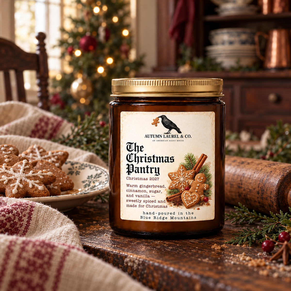 The Christmas Pantry candle styled with gingerbread and vintage Christmas decor