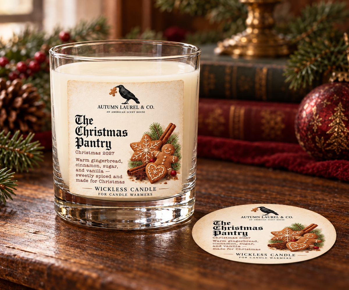 The Christmas Pantry wickless candle in clear Libbey rocks glass with matching paper dust cover