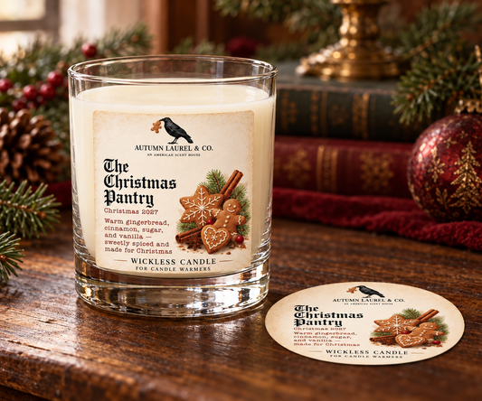 The Christmas Pantry wickless candle in clear Libbey rocks glass with matching paper dust cover