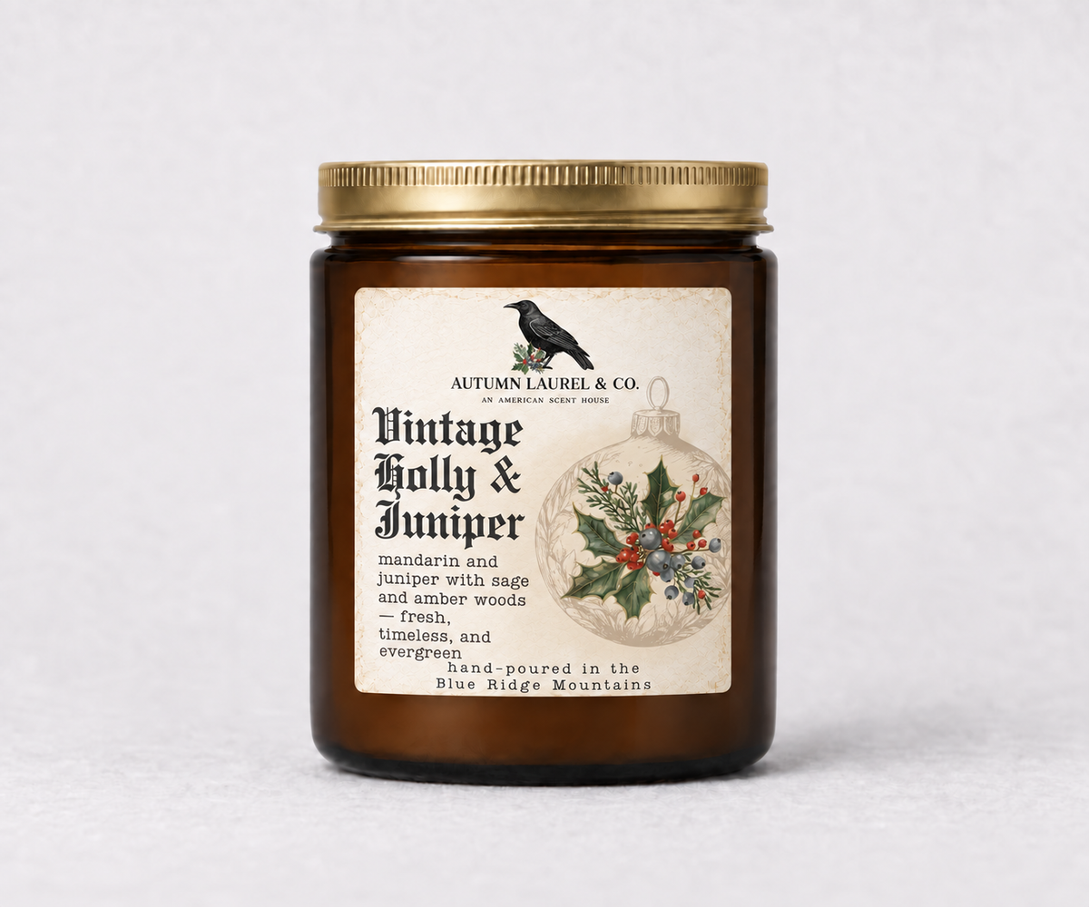 Vintage Holly and Juniper amber jar candle with updated Old English Christmas label