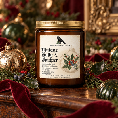 Vintage Holly & Juniper amber candle with heirloom ornaments and Christmas greenery