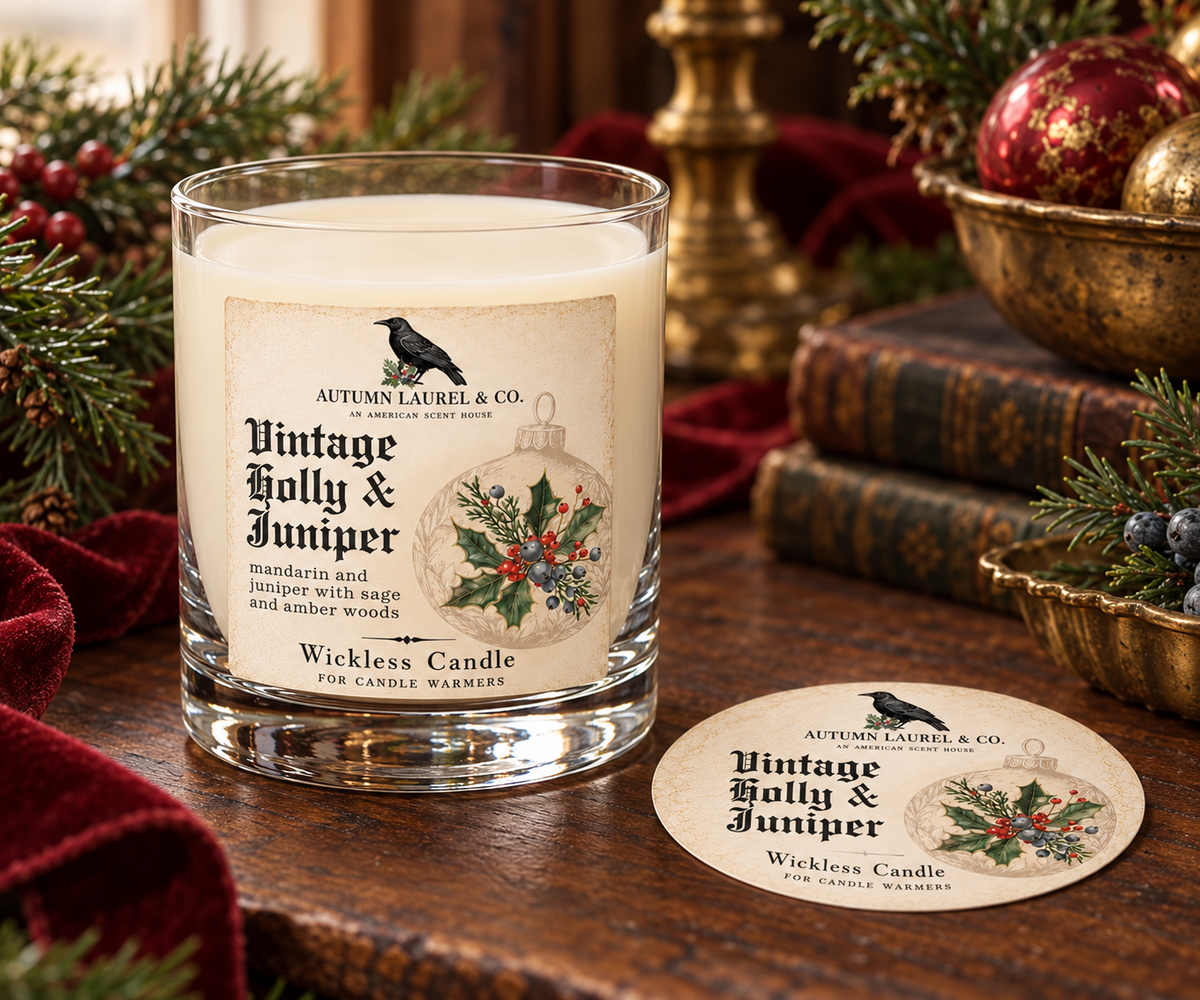 Vintage Holly & Juniper wickless candle in clear Libbey rocks glass with matching paper dust cover
