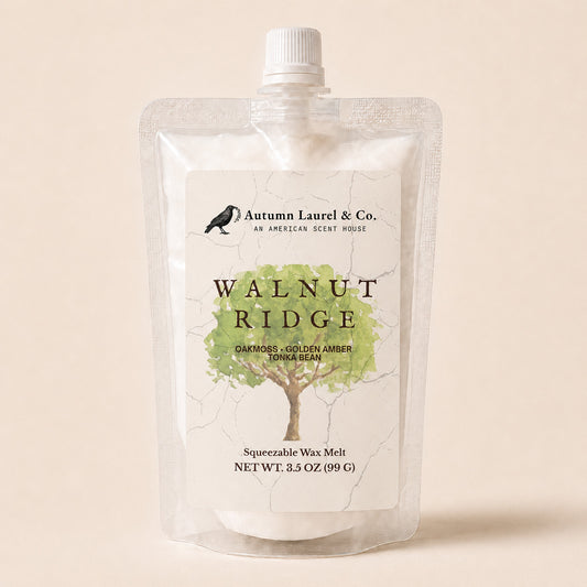 Walnut Ridge oakmoss, golden amber and tonka bean squeezable wax melt in a 3.5 oz pouch