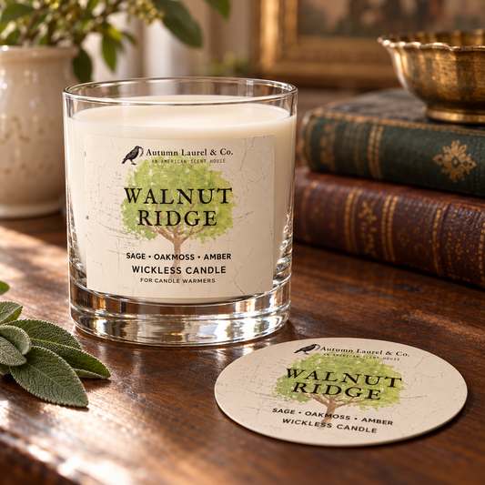Walnut Ridge wickless candle in clear Libbey glass with matching paper dust cover