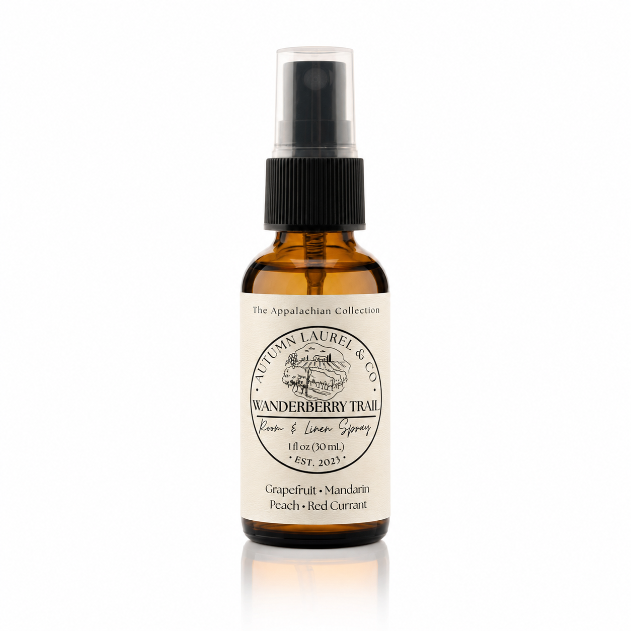 Wanderberry Trail room and linen spray in a 1 ounce amber glass bottle with cream linen label