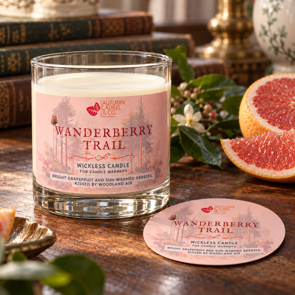 Wanderberry Trail wickless candle in clear Libbey rocks glass with matching paper dust cover