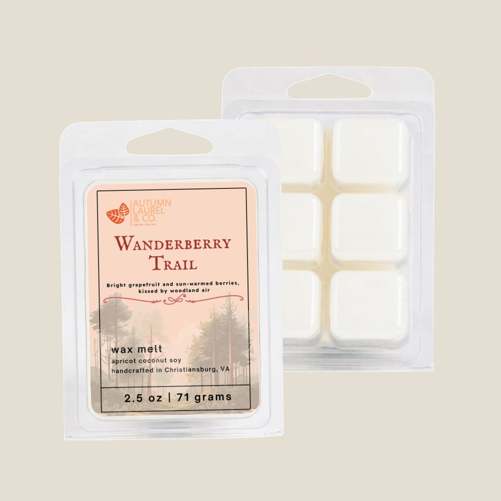 Wanderberry Trail wax melt clamshell by Autumn Laurel & Co., handcrafted in Virginia
