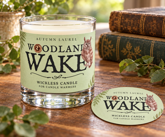 Woodland Wake wickless candle in clear Libbey rocks glass with matching paper dust cover