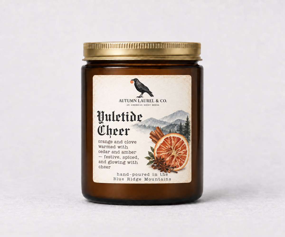 Yuletide Cheer amber jar candle with updated Old English Christmas label