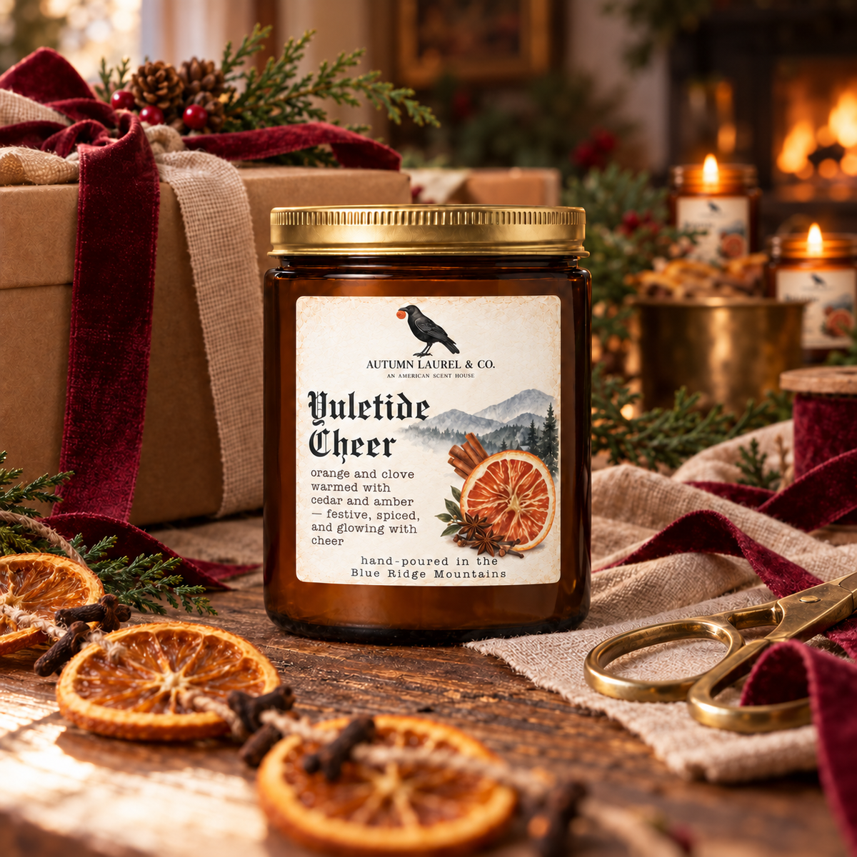 Yuletide Cheer amber jar candle by Autumn Laurel & Co. in a warm vintage Christmas setting