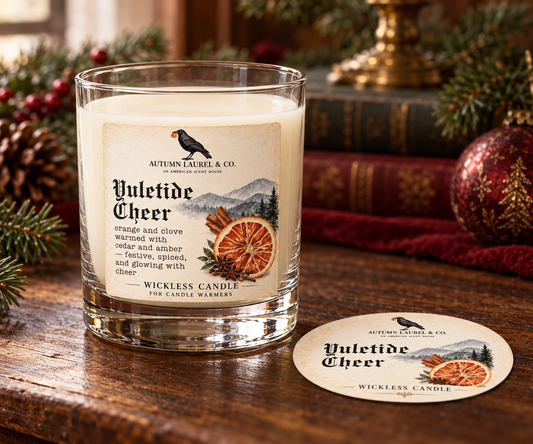 Yuletide Cheer wickless candle in clear Libbey rocks glass with matching paper dust cover